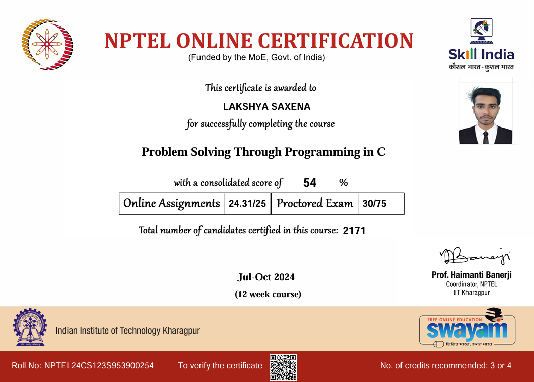 NPTEL C Programming Certificate